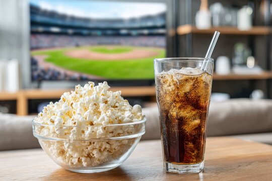 Popcorn and a glass of soda on a table, with a sports game playing on a tv in the background, creates a relaxing home viewing setup.