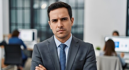 Fototapeta premium A serious-looking man in a suit with his arms crossed, standing in an office with other people in the background.