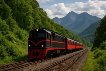 A Vintage Red Train Carves Its Path in a Mountainous Landscape
