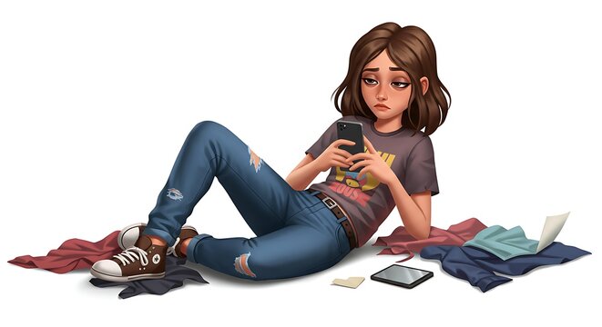 Cartoon-style illustration of a bored teenager sprawled on the floor scrolling a phone, one leg bent, messy room implied by clothes on her, unbothered expression, white background.

