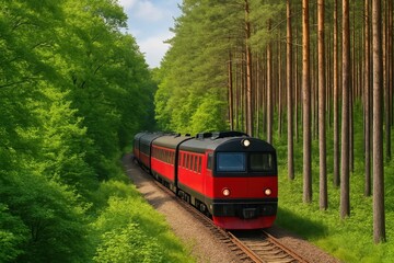 Naklejka premium A Red Train Makes its Way Through a Lush Forest