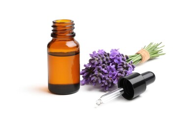 A serene still life featuring a glass bottle of lavender essential oil with its dropper beside a bouquet of purple flowers, symbolizing the natural beauty and therapeutic properties of aromatherapy