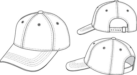 cad drawing flat vector illustration, baseball cap design, front side back view, adjustable strap, stitching detail, accessory mockup