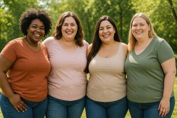 Diverse women smiling outdoors together.