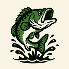 Jumping largemouth bass with water splash. Vintage fishing sport mascot vector.
