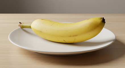 A single ripe yellow banana resting on a white plate against a neutral background