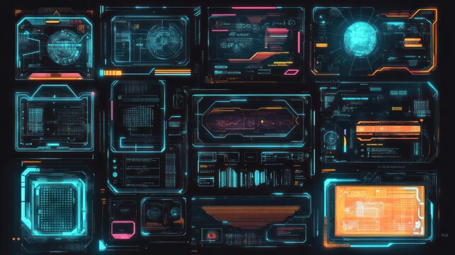 Futuristic HUD interface screens collage. - Powered by Adobe