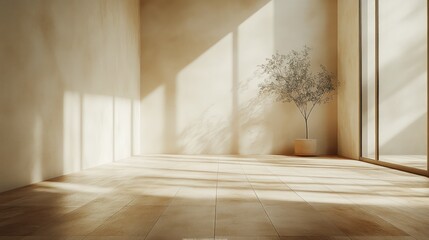 Fototapeta premium Empty beige room bathed in sunlight