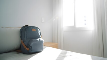 Fototapeta premium Wide angle view of a school backpack on a tidy bed with sun flare
