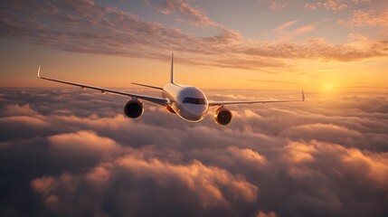 A commercial airplane flying through fluffy clouds at sunset, capturing the serene beauty of air travel.