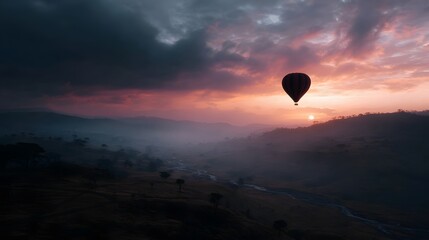 Hot air balloon soaring over a breathtaking sunrise valley