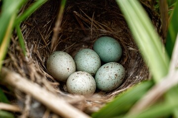 Five pale bluish-green speckled eggs nestled in a shallow, woven bird's nest.  The nest is situated amid blades of vibrant green grass