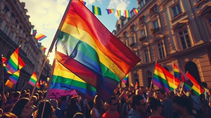 crowd waving rainbow flags at the gay pride parade pride day - Powered by Adobe