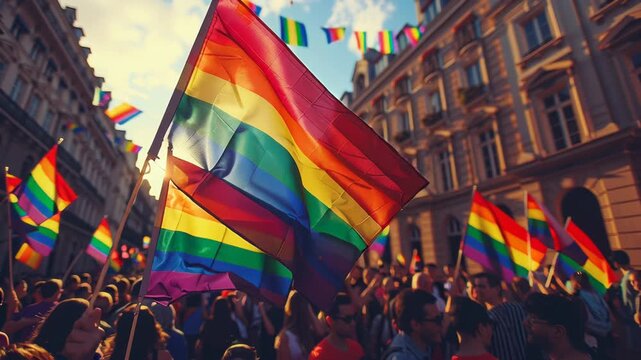 crowd waving rainbow flags at the gay pride parade pride day	