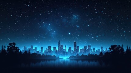 City skyline at night under a starry sky