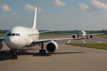 Two commercial airplanes taxiing on a sunlit runway, ready for takeoff under a vast blue sky