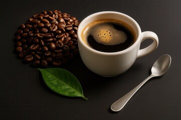 An inviting cup of coffee paired with freshly ground beans and a hint of green leaves on a dark backdrop