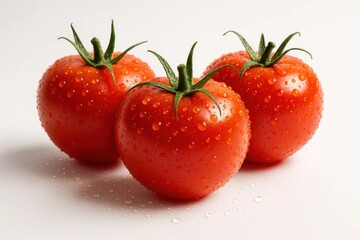 Freshly picked tomatoes with vibrant red hues and glistening water droplets, showcasing their juicy texture and natural beauty