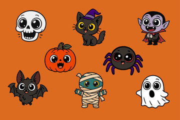 Cute Halloween Vector Icons – Kawaii Cartoon Style Characters Including Ghost, Pumpkin, Bat, Cat, Vampire, Mummy, Skull, and Spider on Orange Background