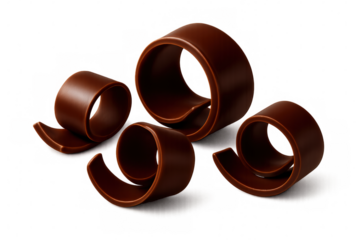 Chocolate curls cascading elegantly, delicate and smooth, highlighting gourmet confectionery textures against pristine transparent surface