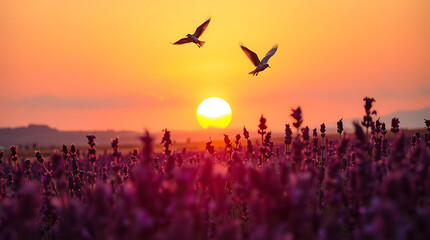 Obraz premium Orange sun sets behind a silhouetted tree, as a flock of birds flies in a colorful sky over a grassy field