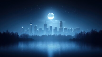 Fototapeta premium City skyline at night, bathed in moonlight, misty lake