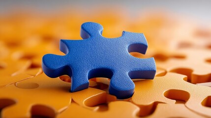 A blue puzzle piece is on top of a pile of orange puzzle pieces. The blue piece stands out against the orange background, creating a sense of contrast and intrigue