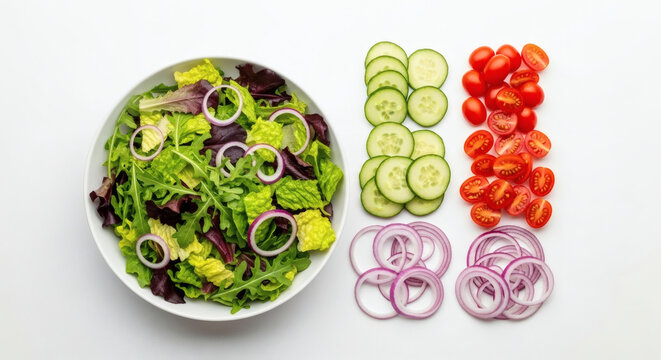 A salad in a white bowl with sliced cucumbers tomatoes and red onions on a white background neatly arranged