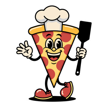 Pizza mascot, cartoon, illustration, chef, cook, cooking, character