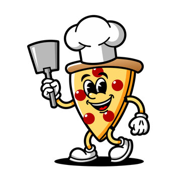 Pizza mascot, cartoon, illustration, chef, cook, cooking, character
