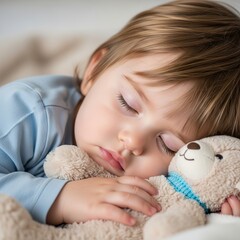 Sleeping baby with teddy bear adorable child nap time peaceful slumber childhood innocence sweet dreams bedtime