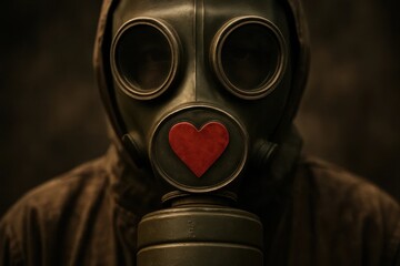 A solitary figure in a gas mask, adorned with a red heart, stands against a dark backdrop, symbolizing resilience and love amidst the chaos