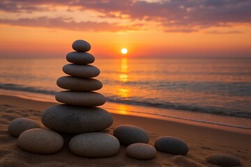 A Serene Balance of Rocks on a Beach at Sunset