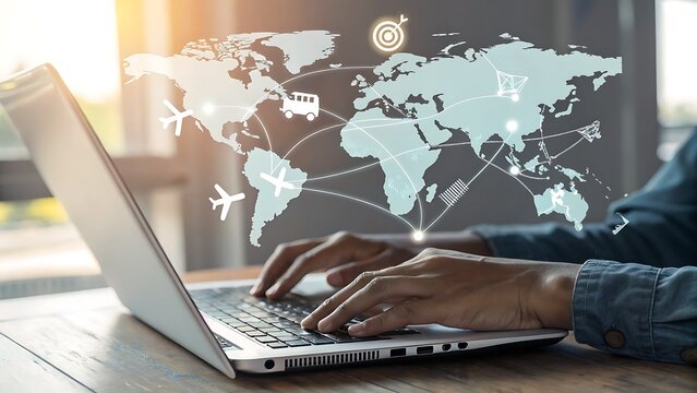 A person typing on a laptop with a world map overlay, symbolizing global business, international travel, and the interconnectedness of the modern world through technology and transportation networks