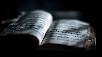 Open book of detailed music theory notes under sharp academic lighting
