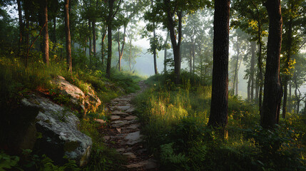Obraz premium Winding Stone Trail Through Misty Forest Clearing at Sunset