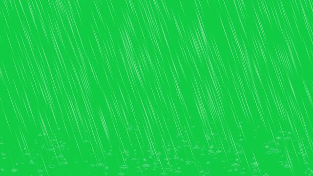 Fast rain with water drops splashes animation effect, heavy rainfall vfx overlay, rain falling animation effect on green screen chroma key background 4k video
