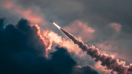 Ballistic missile breaks through clouds during ascent, colorful sky with warm and cool tones