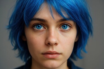 Fototapeta premium A portrait of youthful determination, captured in a close-up shot with a focus on the striking blue hair and piercing blue eyes