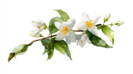Obraz premium Watercolor painting of jasmine branch, isolated on a white background, jasmine vector, drawing clipart, Illustration Vector, Graphic Painting, design art, logo