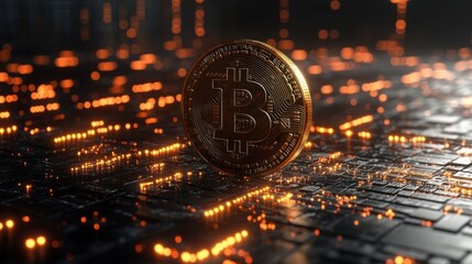 Close up of a bitcoin on a circuit board with orange lights