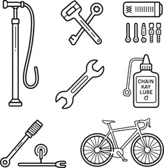 Obraz premium Recreational Bike Ride Icons Nature Trail, Park Sign, Picnic Basket, Scenic Route, Water Break, and Rest Stop