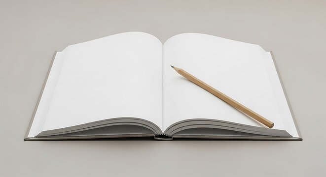 Open book with blank pages and a pencil resting on its surface evokes creativity