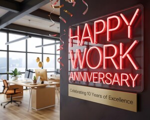 A celebratory red neon sign marking a 'Happy Work Anniversary' and ten years of business excellence in a modern office.
