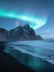 Naklejka premium Aurora Borealis Over Vestrahorn Mountain with Black Sand Beach