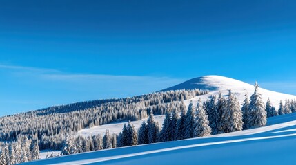 Naklejka premium Snow-covered hills and evergreen trees under a clear blue sky, creating a serene winter landscape