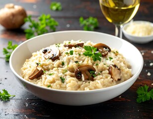 Creamy mushroom risotto in a white bowl