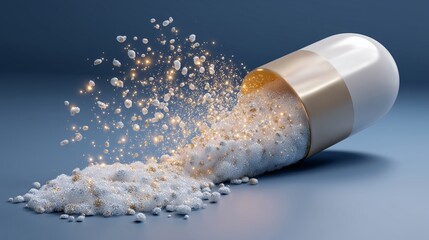 A highly artistic and stylized representation of a pill breaking into a million glowing particles