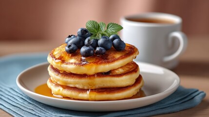 Indulging in Cozy Blueberry Pancakes at a Pale Beige Dining Corner Inviting Food Presentation Warm Atmosphere