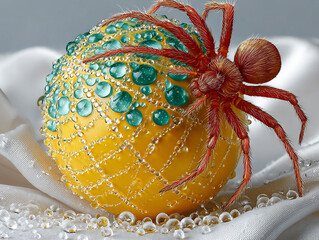 Macro view of a red spider on a yellow orb covered with blue and clear water droplets, placed on a white silky surface creating a surreal and detailed close-up scene